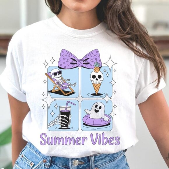 Tops - Summerween Skeleton Shirt Funny Summer Ghost Beach Shirt, Summer Vibes Halloween